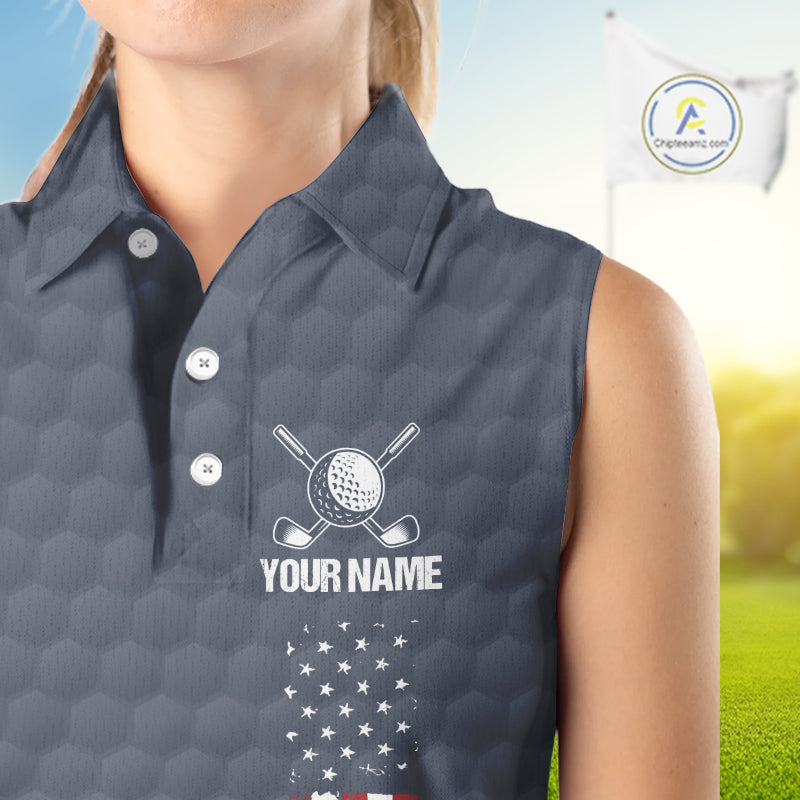 Female golfer wearing custom patriotic golf polo with grey golf ball pattern, perfect for ladies golf league, Memorial Day tournaments, Independence Day golf outings, symbolizing freedom, confidence and teamwork.