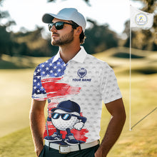 Load image into Gallery viewer, Male golfer wearing splash painting American flag golf polo during championship round, modern golf apparel for patriotic athletes, golf teams and tournament champions.