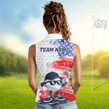 Load image into Gallery viewer, Female golfer wearing artistic patriotic golf polo featuring colorful splash golf ball artwork, perfect for women's golf leagues, charity tournaments and Independence Day celebrations.