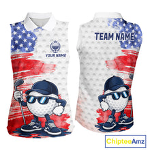 Load image into Gallery viewer, Women's sleeveless golf polo featuring colorful splash paint golf ball and patriotic American flag artwork, personalized golf apparel for artistic golfers, summer tournaments and USA golf teams, symbolizing creativity and freedom.