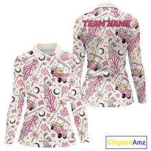 Load image into Gallery viewer, Women's golf polo with elegant pink golf club graphics, custom performance golf shirt for ladies golf leagues, Mother's Day gifts, golf outings and team uniforms.