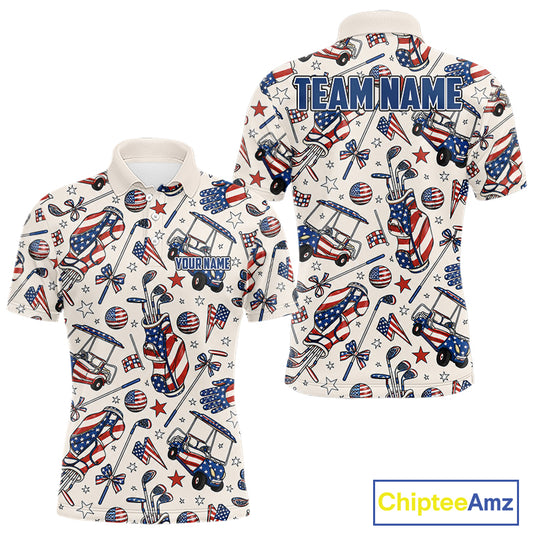 Men's patriotic golf polo featuring pink golf clubs and American flag artwork, personalized golf shirt for Fourth of July tournaments, Memorial Day golf events and USA golf clubs, representing liberty, brotherhood and national pride.