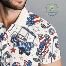 Load image into Gallery viewer, Male golfer wearing American flag golf polo with pink golf clubs during patriotic golf tournament, symbolizing freedom, brotherhood and golf tradition.