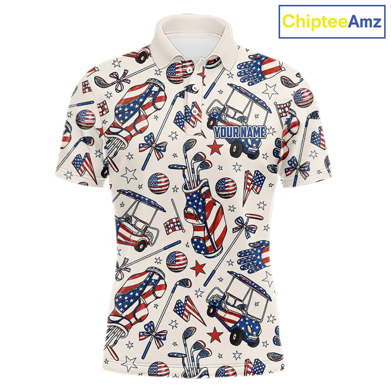Men's patriotic golf polo featuring pink golf clubs and American flag artwork, personalized golf shirt for Fourth of July tournaments, Memorial Day golf events and USA golf clubs, representing liberty, brotherhood and national pride.