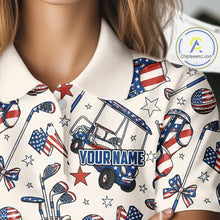 Load image into Gallery viewer, Female golfer wearing personalized patriotic golf polo for Fourth of July golf outing, ladies golf league and USA golf competitions.