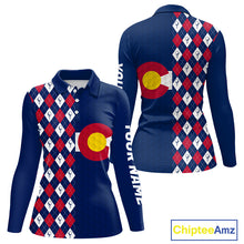 Load image into Gallery viewer, Women's Colorado golf polo with golf ball argyle graphics, performance golf shirt for golf clubs, mountain resorts and outdoor enthusiasts.