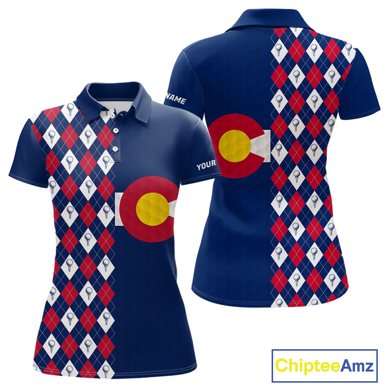 Women's Colorado golf polo with golf ball argyle graphics, performance golf shirt for golf clubs, mountain resorts and outdoor enthusiasts.