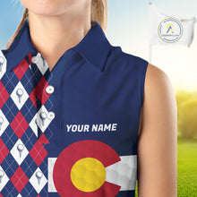 Load image into Gallery viewer, Female golfer wearing Colorado patriotic golf polo at country club, stylish golf apparel for tournaments and mountain golf trips.