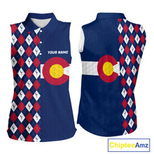 Load image into Gallery viewer, Women's sleeveless golf polo featuring Colorado flag and argyle golf ball pattern, personalized golf apparel inspired by mountain lifestyle, outdoor adventure and state pride.
