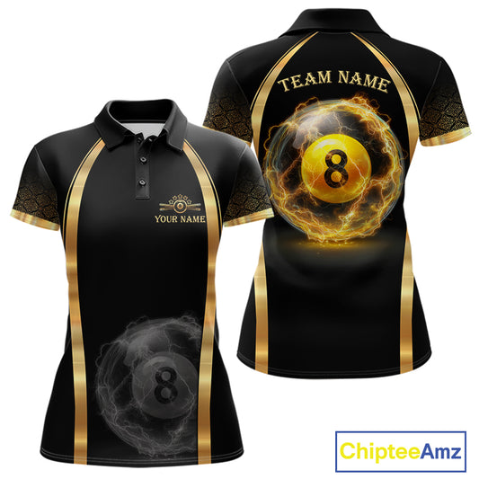 Black & Gold Thunder Lightning Yellow 8 Ball Pool Billiard Jerseys For Women Custom Billiard Team Shirt NYN2752