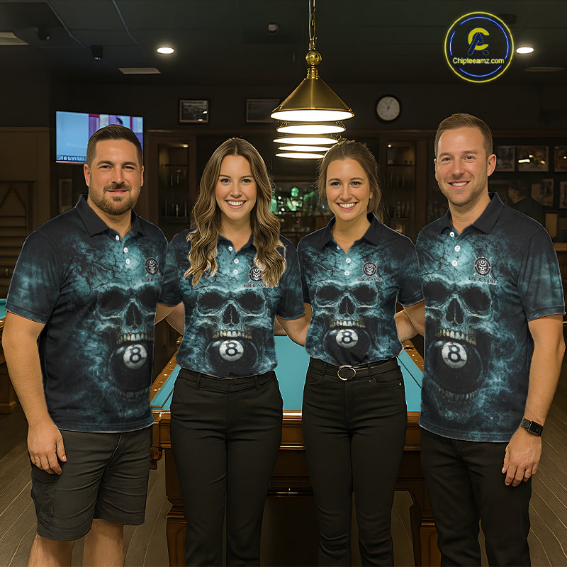 Custom Teal Smoke Grunge Skull Pool 8 Ball Men Billiard Shirt Personalized Ball Billiard Attire NYN2592