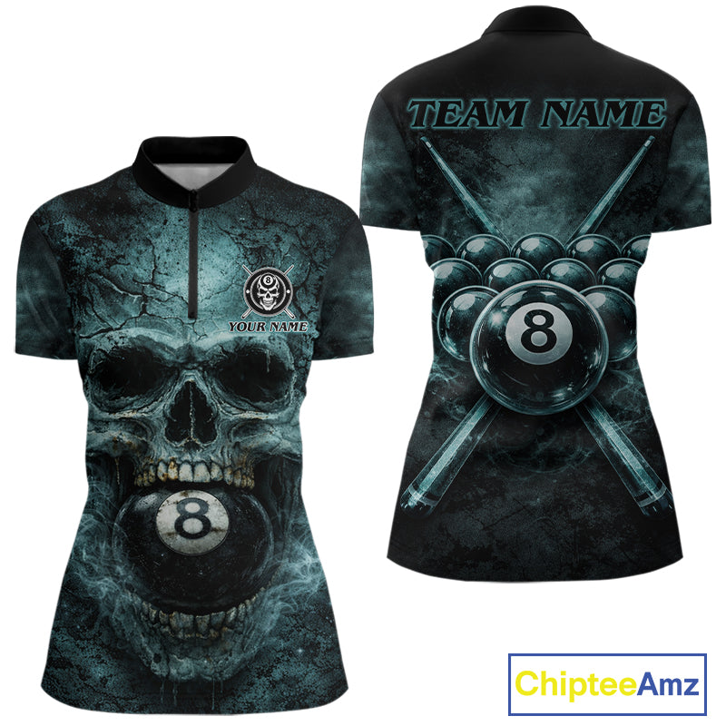 Custom Teal Smoke Grunge Skull Pool 8 Ball Women Billiard Shirt Personalized Ball Billiard Attire NYN2592