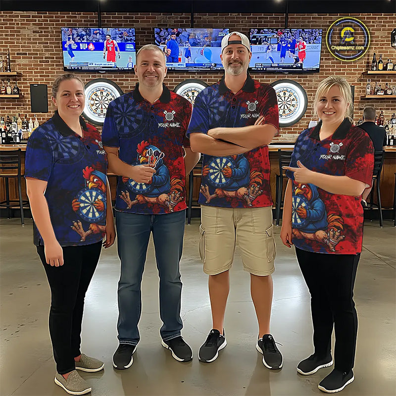 Blue And Red Grunge Funny Rooster Darts Shirt For Men Custom Name & Team Dart Outfits Jerseys NYN3162