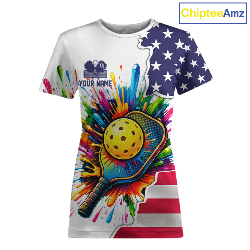 Custom American flag patriotic pickleball tshirt for women colorful splatter pickleball jersey white