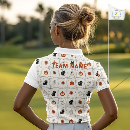 Female golfer wearing Funny Cat Halloween golf polo, personalized golf apparel, golf league fashion, spooky golf outfit