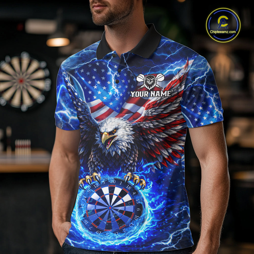 Patriotic Eagle Blue Flames Thunder Dartboard Men Darts Polo Shirt Custom US Flag Darts Jersey NYN2607
