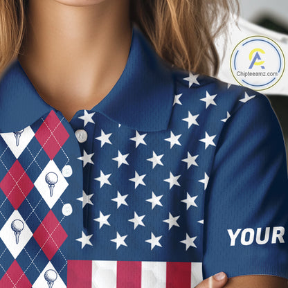 Womens Golf Polo Shirts American Flag Patriotic Custom Golf Ball Argyle Pattern Womens Golf Polos NYN3381