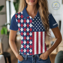 Load image into Gallery viewer, Womens Golf Polo Shirts American Flag Patriotic Custom Golf Ball Argyle Pattern Womens Golf Polos NYN3381