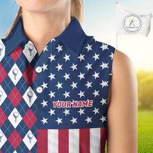 Load image into Gallery viewer, Womens Golf Sleeveless Polo Shirts American Flag Patriotic Custom Golf Ball Argyle Pattern Womens Golf Polos NYN3381