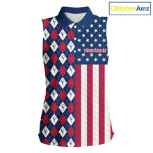 Load image into Gallery viewer, Womens American flag golf sleeveless polo shirt custom golf ball argyle patriotic golf polo