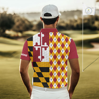 Mens Golf Polo Shirts Maryland Flag Patriotic Custom Golf Ball Argyle Pattern Mens Golf Polos NYN3382