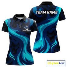Load image into Gallery viewer, Womens black and blue golf ball pattern polo shirt golf team outfit