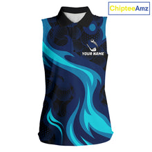 Load image into Gallery viewer, Womens black and blue golf ball pattern sleeveless polo golf team outfit