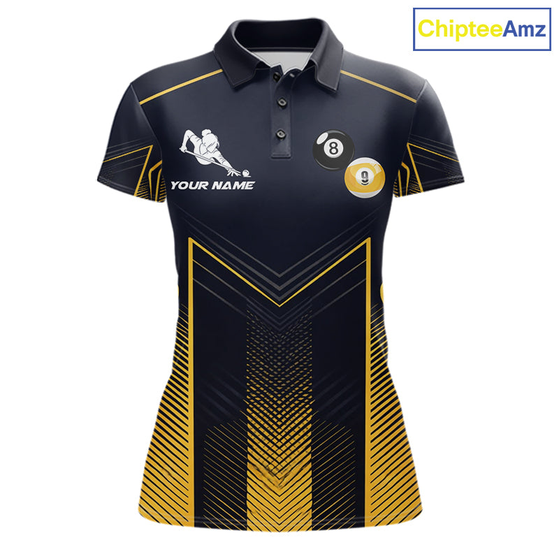 Women's billiard polo with vibrant yellow strike effects, Yin Yang artwork and billiard balls, custom pool apparel for APA leagues, Zen lifestyle enthusiasts and tournament players