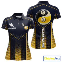 Load image into Gallery viewer, Women's billiard polo with vibrant yellow strike effects, Yin Yang artwork and billiard balls, custom pool apparel for APA leagues, Zen lifestyle enthusiasts and tournament players