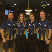 Load image into Gallery viewer, Men women pool team wearing matching Yin Yang billiard jerseys for league championships, representing teamwork, balance, discipline and competitive excellence.