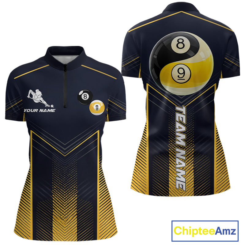 Women's quarter-zip billiard jersey featuring yellow lightning, Yin Yang, 8 ball and 9 ball graphics, ideal for league uniforms, billiard tournaments and competitive team apparel.