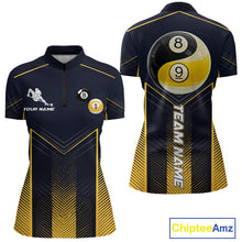 Load image into Gallery viewer, Women's quarter-zip billiard jersey featuring yellow lightning, Yin Yang, 8 ball and 9 ball graphics, ideal for league uniforms, billiard tournaments and competitive team apparel.