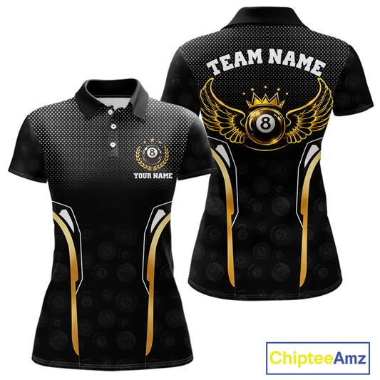 Black & Gold 8 Ball Crown Women's Billiard Polo & 1/4 Zip Shirt Custom Pool Billiard Jerseys NYN2346