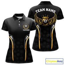 Load image into Gallery viewer, Black &amp; Gold 8 Ball Crown Women's Billiard Polo &amp; 1/4 Zip Shirt Custom Pool Billiard Jerseys NYN2346