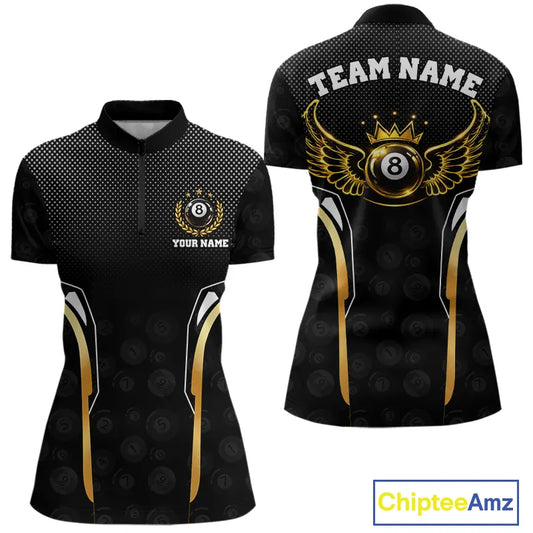 Black & Gold 8 Ball Crown Women's Billiard Polo & 1/4 Zip Shirt Custom Pool Billiard Jerseys NYN2346