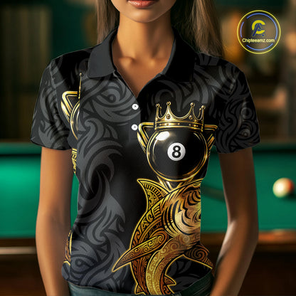 Gold 8 Ball Crown Women's Billiard Team Shirt Custom Shark Tribal Pool Billiard Jerseys NYN2347