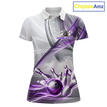 Load image into Gallery viewer, Women's bowling polo featuring white and purple smoke with realistic bowling ball and pins, personalized performance bowling shirt for league bowlers, USBC tournaments, bowling clubs and custom team uniforms, symbolizing focus, creativity and competitive excellence.