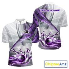 Load image into Gallery viewer, White &amp; Purple Smoke Bowling Ball &amp; Pins Shirt For Men Custom Polo 1/4-Zip Team Shirt Bowling Jersey NYN3668
