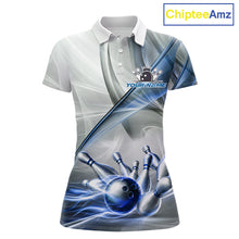 Load image into Gallery viewer, Women's bowling polo featuring white and blue smoke with realistic bowling ball and pins, personalized bowling shirt for USBC leagues, bowling clubs, tournaments and custom team apparel, symbolizing trust, precision and teamwork.