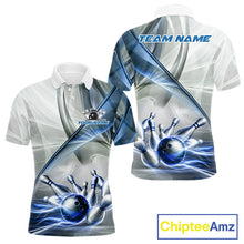 Load image into Gallery viewer, White &amp; Blue Smoke Bowling Ball &amp; Pins Shirt For Men Custom Polo 1/4-Zip Team Shirt Bowling Jersey NYN3670