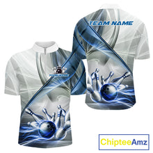 Load image into Gallery viewer, White &amp; Blue Smoke Bowling Ball &amp; Pins Shirt For Men Custom Polo 1/4-Zip Team Shirt Bowling Jersey NYN3670