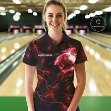 Load image into Gallery viewer, Female bowler wearing red thunder tiger bowling jersey during tournament competition, premium bowling apparel for sports enthusiasts, wildlife fans and league champions, symbolizing leadership, confidence and fearless performance.