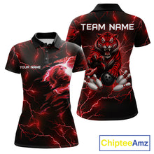 Load image into Gallery viewer, Women's bowling polo featuring fierce red thunder lightning tiger with bowling graphics, personalized bowling apparel for tiger lovers, competitive athletes, league bowlers and tournament champions, symbolizing courage, strength and determination.