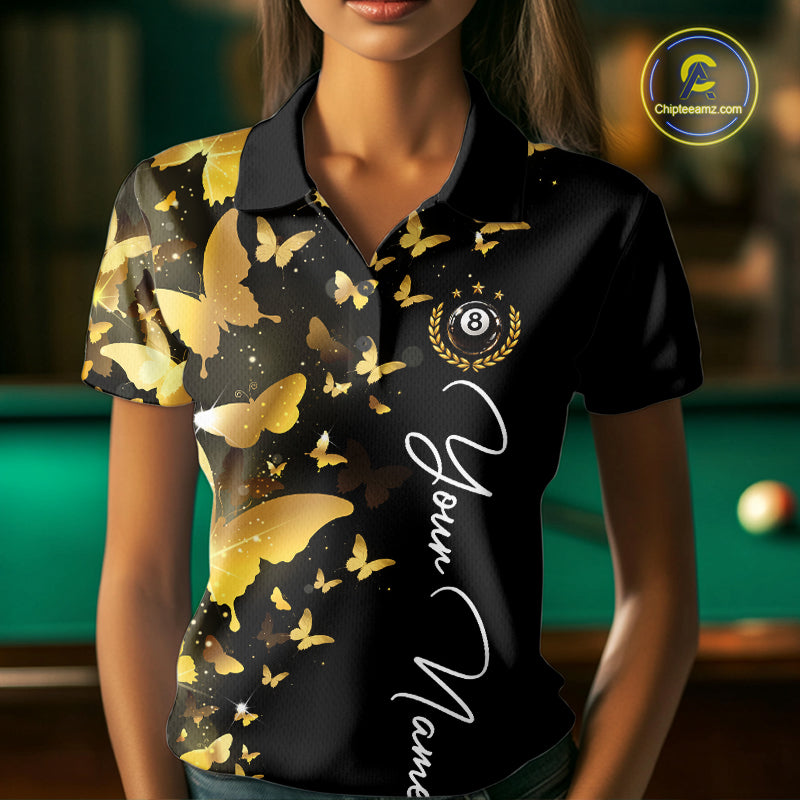 Female billiard player wearing funny butterfly yellow lightning billiard jersey during tournament competition, premium sports apparel for competitive athletes, nature lovers and artistic sportswear enthusiasts, symbolizing confidence, personal growth and winning mindset.