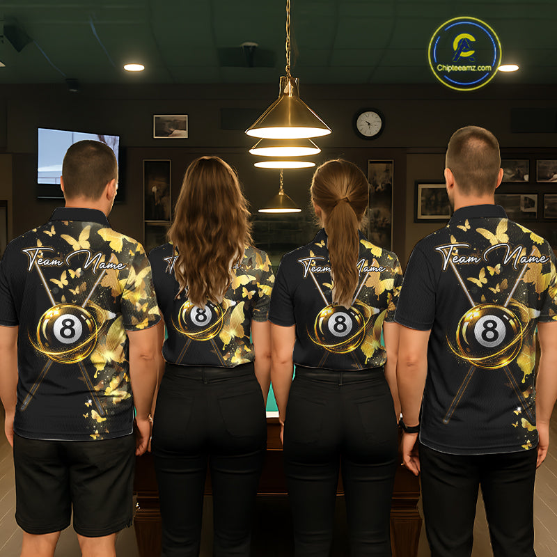Men women billiard team wearing matching butterfly yellow lightning jerseys during APA league championships, custom team uniforms representing unity, teamwork, transformation, positive energy and championship spirit.