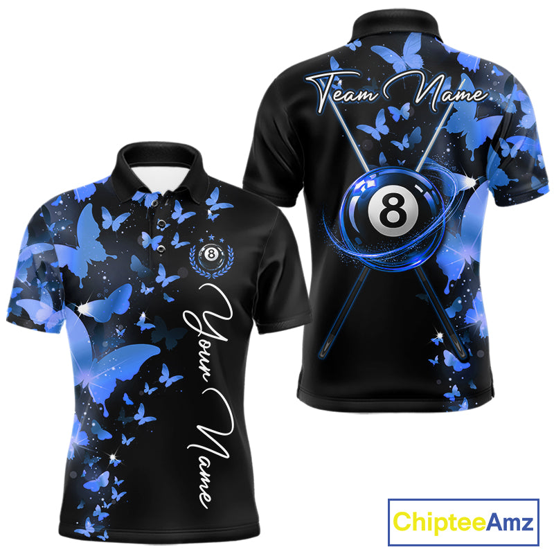 Men's billiard polo featuring butterfly, blue lightning and realistic 8 ball graphics, personalized performance pool shirt for APA leagues, artistic athletes, butterfly lovers and competitive billiard teams, symbolizing wisdom, freedom and precision.