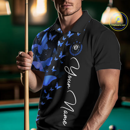 Male billiard player wearing blue lightning butterfly jersey during championship tournament, premium athletic apparel for artistic competitors, nature enthusiasts and league champions, symbolizing determination, confidence and competitive success.