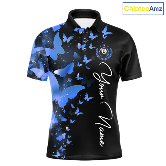 Men's billiard polo featuring butterfly, blue lightning and realistic 8 ball graphics, personalized performance pool shirt for APA leagues, artistic athletes, butterfly lovers and competitive billiard teams, symbolizing wisdom, freedom and precision.