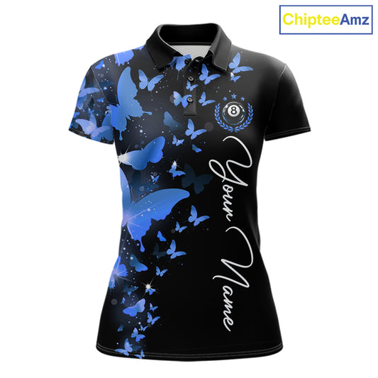 Women's billiard polo featuring butterfly, blue lightning and realistic 8 ball graphics, personalized performance pool shirt for APA leagues, butterfly lovers, artistic athletes and custom billiard teams, symbolizing freedom, balance, wisdom and precision.