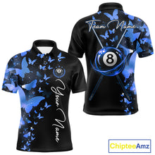 Load image into Gallery viewer, Men's billiard polo featuring butterfly, blue lightning and realistic 8 ball graphics, personalized performance pool shirt for APA leagues, artistic athletes, butterfly lovers and competitive billiard teams, symbolizing wisdom, freedom and precision.